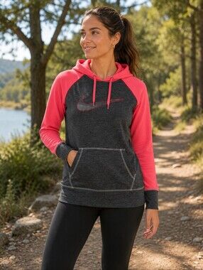 Nike Therma-FIT Hoodie Womens Medium Gray Pink Raglan Pullover Sweatshirt